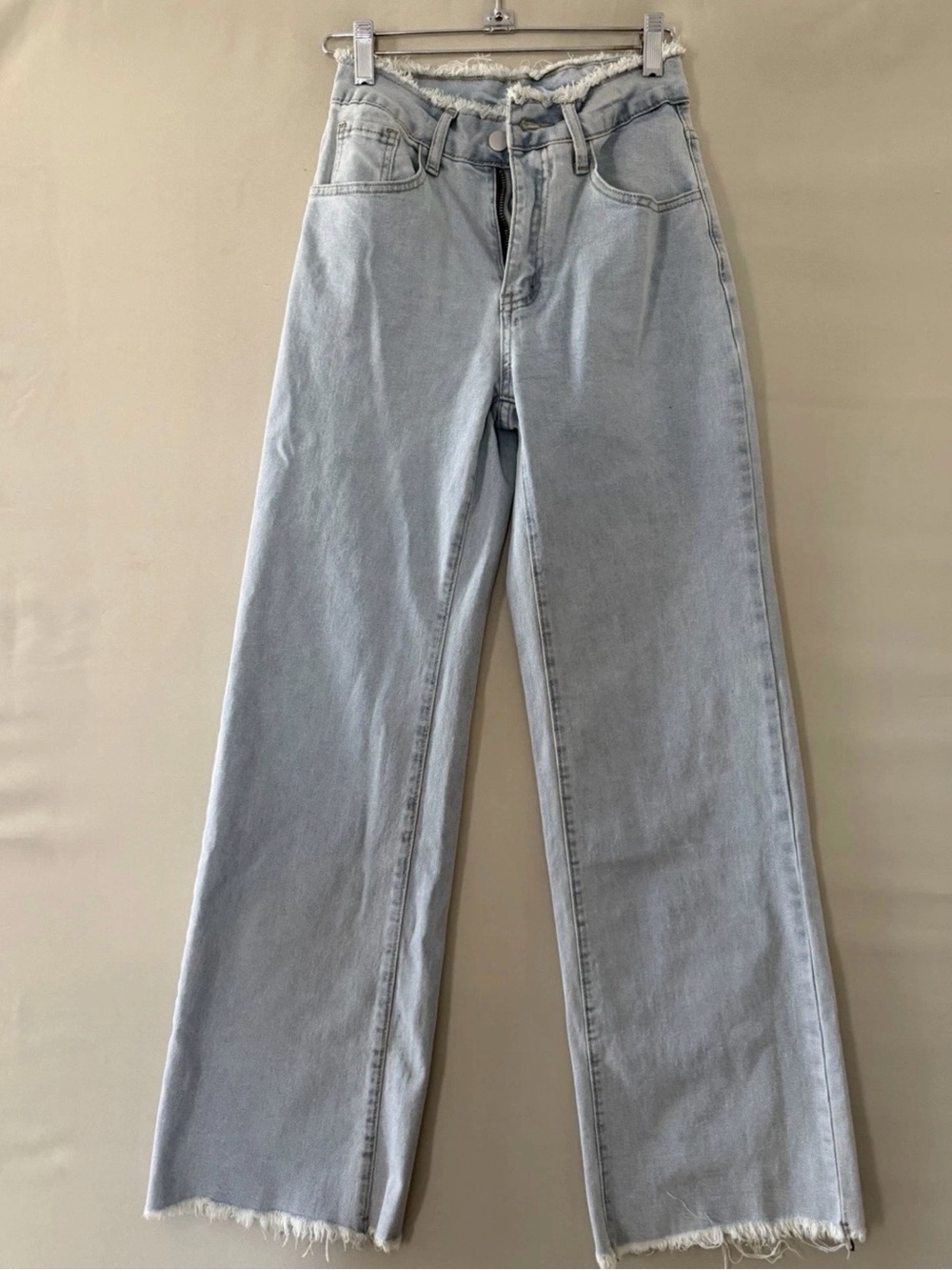 High-Rise Light Wash Wide Leg Jeans with Frayed Hem